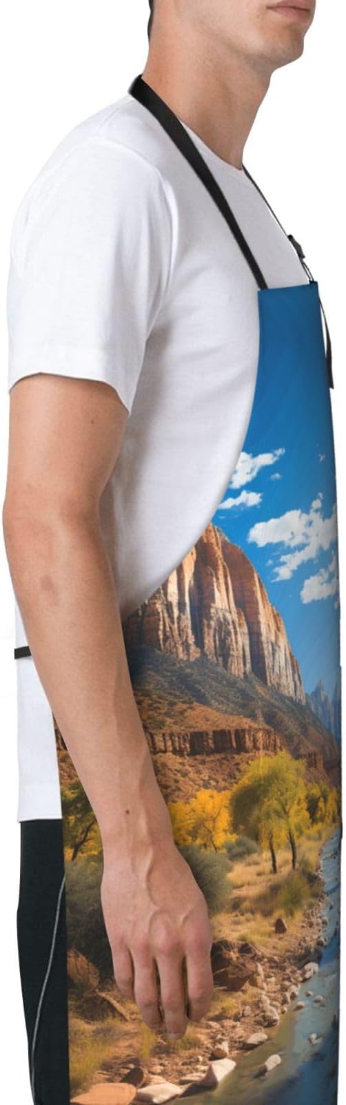 Kitchen Aprons for Men Women Waterproof Apron with 2 Pockets Skis on mountain Apron Adjustable Bib Aprons