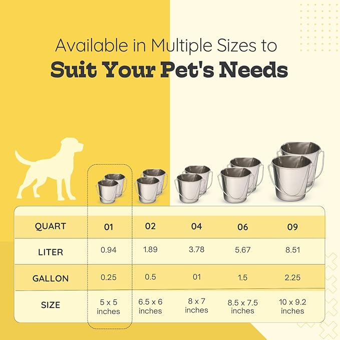 Flat Sided Stainless Steel Bucket 1 Quart Hanging Feeding Pail for Small Dogs Cats Birds, Fits Kennel Cages Compatible, Heavy Duty Food and Water Feeder, 0.25 Gallon Silver Buckets 2 Pack