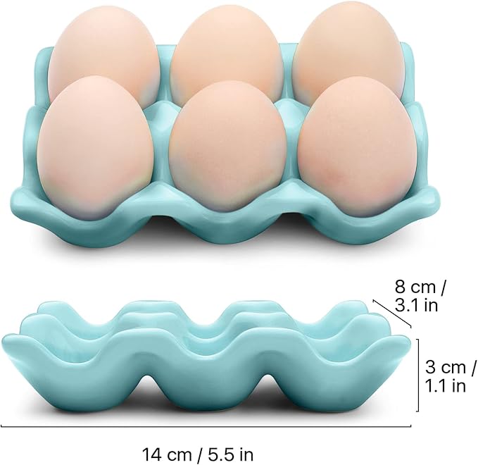 Flexzion Ceramic Egg Holder for Fridge - 6 Cups Egg Tray Half Dozen Porcelain Container Keeper Storage Organizer Decorative Serving Dish Serveware for Refrigerator Countertop Display Kitchen (Blue)