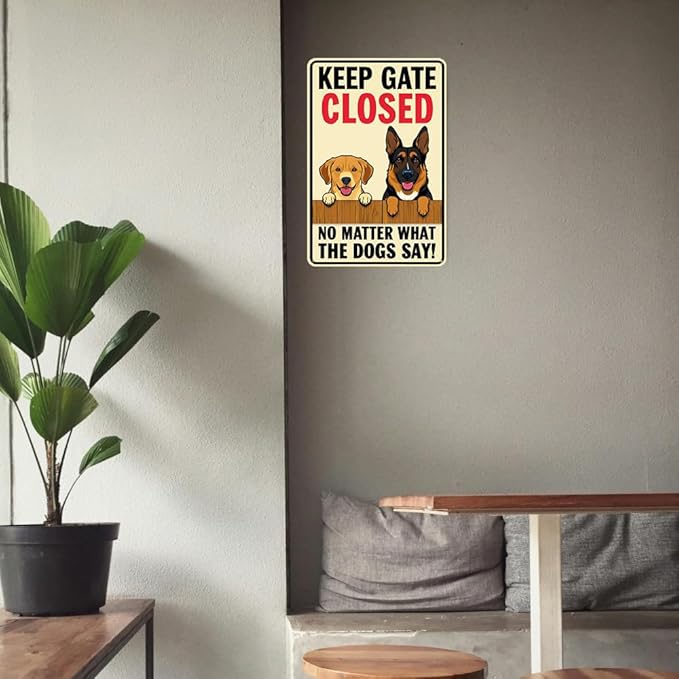 Keep Gate Closed Sign - Funny Dog Metal Tin Sign - 8 x 12 Inches - Wall Decor
