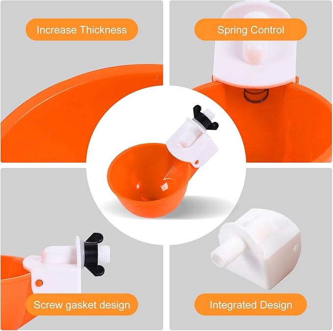 Chicken Waterer Cups (16 Pack/Orange) - DIY Automatic Large Chicken Water Feeder for Ducks Quail and Various Poultry Dispenser with Matching Drill, Double Rubber Ring, Not Leaking Wate