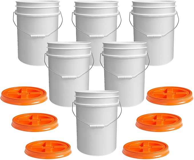 ePackageSupply 5 Gallon White Bucket with Orange Gamma Seal Screw on Airtight Lid | Made in USA | Food Grade | Heavy-Duty HPDE Plastic | Durable 90 Mil Pail | Easy Stack and Store | BPA Free (6 Count)