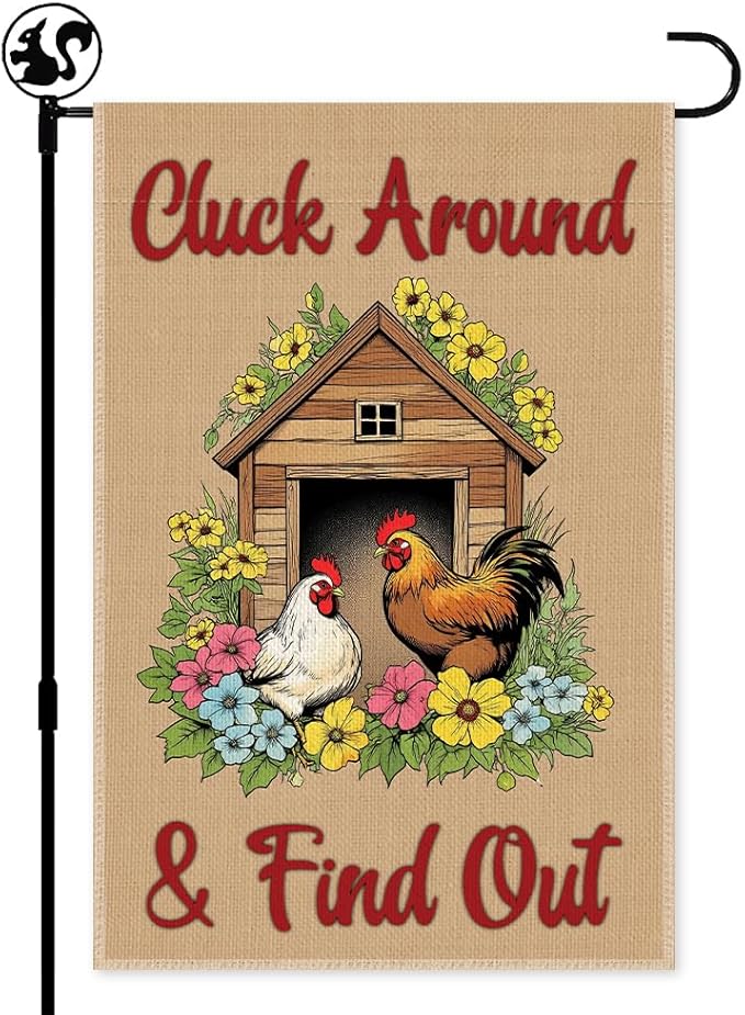 Cluck Around & Find Out Garden Flag, Double Sided Farmhouse Chicken Coop Outdoor Decoration Yard Flag Gifts, Welcome to the Farm Flags for Chickens Lover, Funny Chicken Sign
