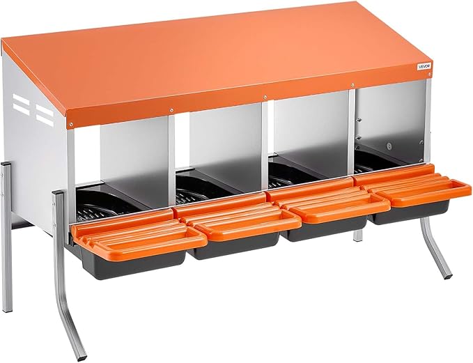 VEVOR Chicken Nesting Boxes, 4 Compartments, with Support Legs, Easy Egg Collection, Galvanized Steel and High-Strength Plastic, Roll Away Nesting Boxes for Chickens and Hens Laying Eggs, Orange