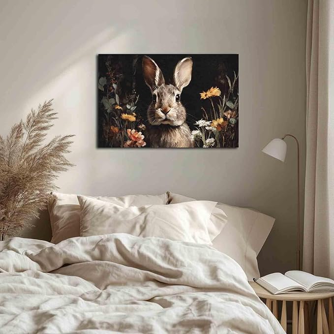 MNFGMH Easter Pictures Wall Decor Rustic Spring Rabbit with Flowers Easter Canvas Print Bunny Wall Art for Home Country Decor Wooden Frame 24x36 inch