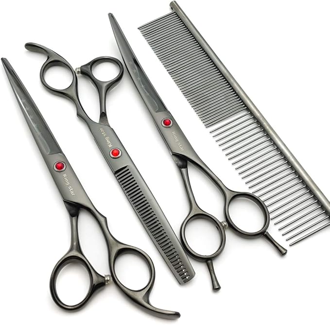 7.0in Professional Pet Grooming Scissors Set,Straight & Thinning & Curved Scissors 3pcs Set with Comb for Dog Grooming,A419 (Black-Grey)