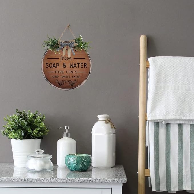 Farmhouse Bathroom Wall Decor Antique Frame Round Wooden Sign Vintage Decor for Toilet Restroom Restroom Hanging Sign Fresh Soap And Water 12 X 12 Inch