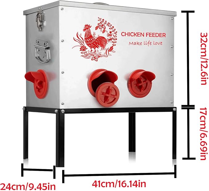 1pc 40 lb Chicken Feeder Box-6 Ports Large Metal Automatic Chicken Feeder Rat Proof with Locking Lid and Legs Galvanized for Chickens, Ducks, Geese(T1)