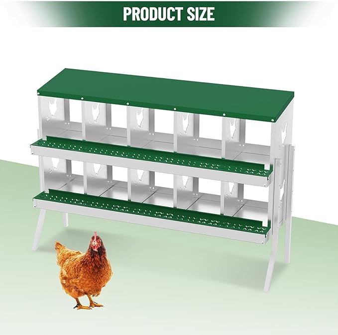 Metal Chicken Nesting Box, 10 Compartments, Rollout Egg Collection, Large Vented Holes, Perch Included, Wall Mount or Free Standing Laying Box for Hens and Chickens - Green with Legs