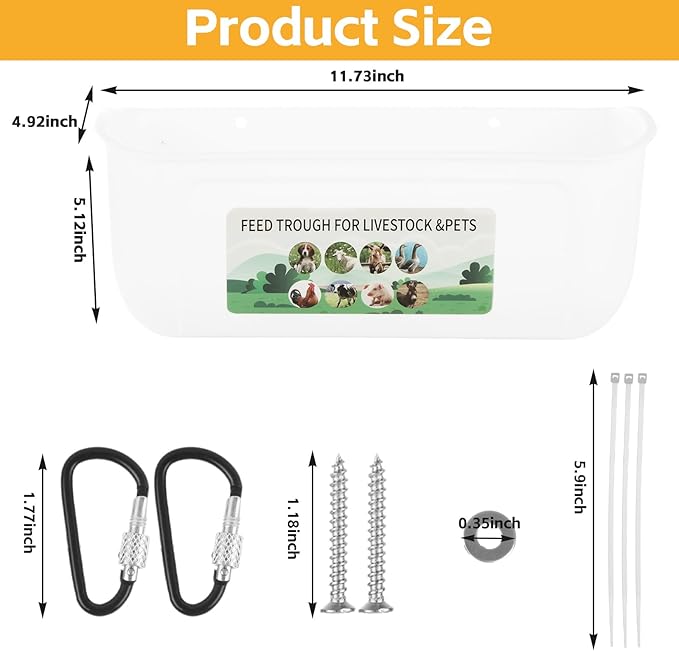 6 Pack Goat Feeder Hanging 3.5 Quart Chicken Waterer Feeder Trough, Fence Feeders with Clips for Poultry Livestock, White