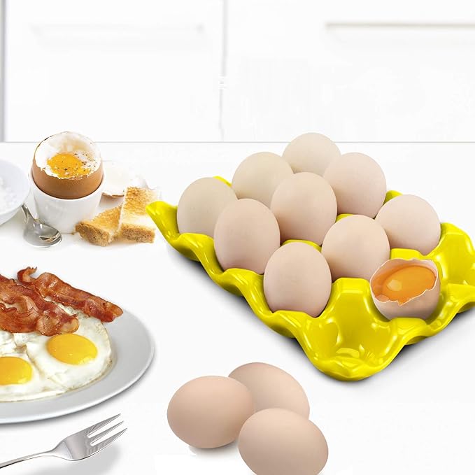 Flexzion Yellow Ceramic Egg Tray - Dozen Egg Cup Holders, Elegant Design, Microwave and Dishwasher Safe