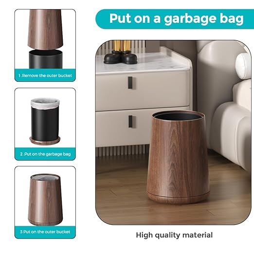 2.1 Gallon Metal Imitation Wood Grain Bathroom Trash Can, Modern, Open Top Wastebasket, Small Garbage Can for Under Desk Kitchen Home Office Bedroom (Taper)