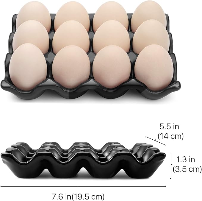 Flexzion 12 Cup Ceramic Egg Tray - Whole Dozen Porcelain Egg Holder Container Storage Organizer Decorative Serving Stand Serveware for Refrigerator Countertop