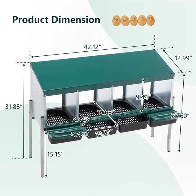 Green Chicken Nesting Box for Laying Eggs – Roll Away Poultry Nest, Durable & Easy-Clean Hen Egg Box for Coops, Secure & Comfortable (4-Hole with Legs,Green)