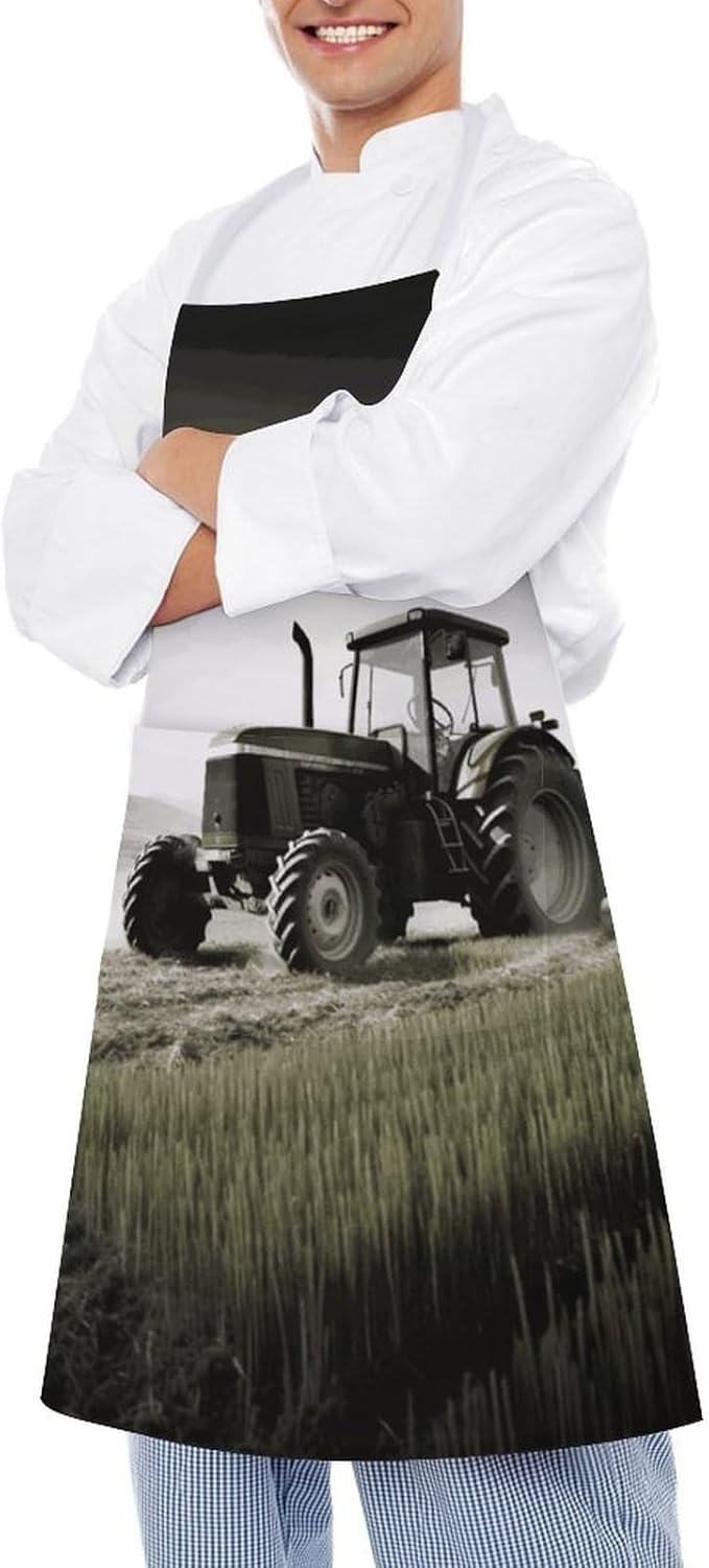 Tractor Agriculture Tranquil Apron Waterproof Oil-proof Large Pocket Apron Adjustable Neck Strap Unisex Kitchen Aprons For Chef Cooking Baking Gardening BBQ