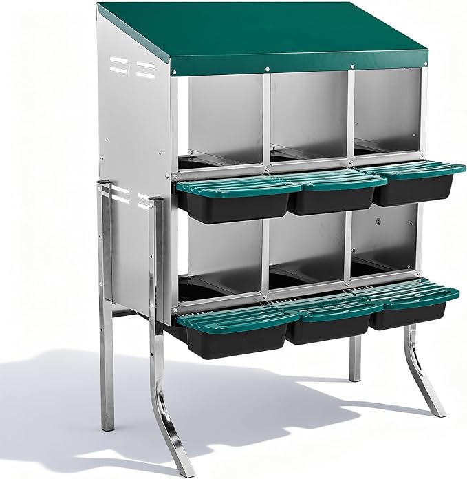 Outvita Chicken Nesting Boxes, 6 Compartments Metal Nesting Boxes for Chickens with Metal Legs, Wall/Floor Mount for Laying Eggs with Swing Perch and Roll Away Egg Collection for Chicken Coop, Green