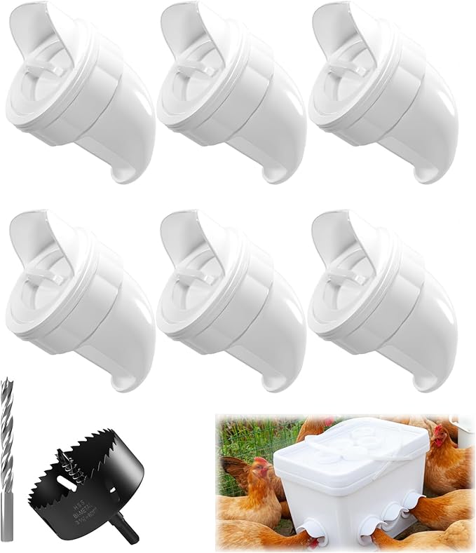 Chicken Feeder No Waste - 6 Pack Automatic Chicken Feeder with Lid and Hole Saw Rat & Rain Proof, Poultry Feeder for Buckets, Barrels, Bins, Boxes, Tanks