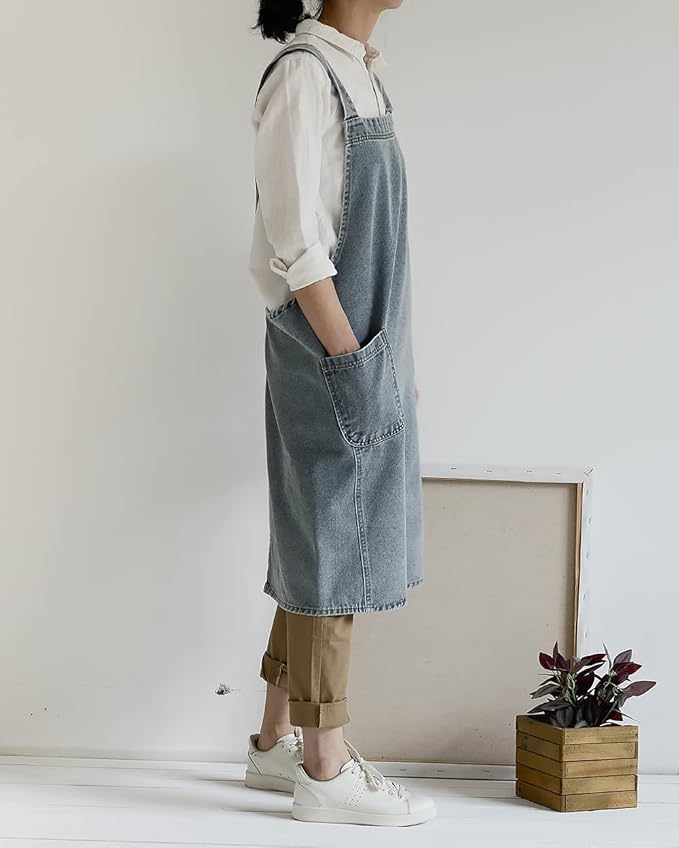 Cotton Denim Apron Soft - Unisex Adjustable Bib Apron with 5-Pockets Perfect for Kitchens
