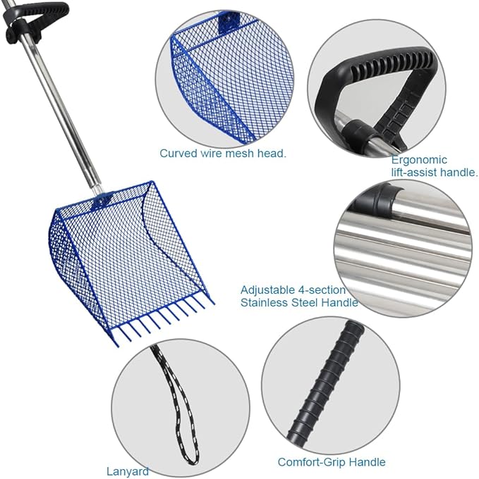 Kaleky 2-in-1 Heavy Duty Chicken Coop Rake and Scooper, 15 Inch Metal Chicken Cleaning Shovel with Adjustable Stainless Steel Handle (25 to 73 Inch) for Sand, Coops, Litter Cleaning (Blue)