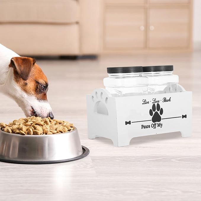 Mipcase Wooden Dog Food Storage Box with Airtight Jars, Treat Container Set for Countertop, Farmhouse Style Dog Treat Holder with Divided Compartments, White Wood for Home Pet Food