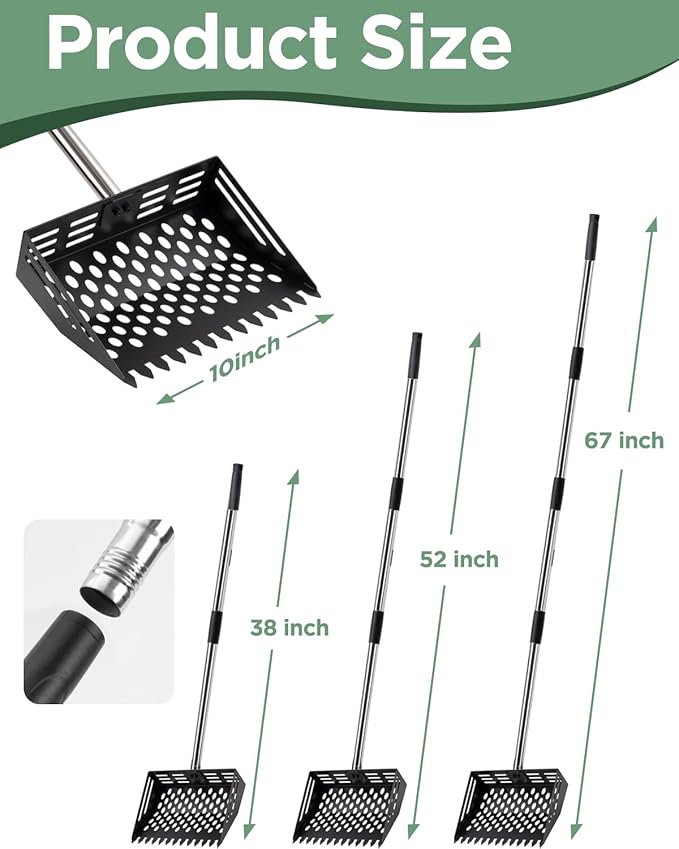 2-in-1 Chicken Poop Scooper & Rake, 10" Metal Coop Shovel, Sand Sifting Shovel with 38" to 66" Adjustable, Cleaning Tool for Chicken Coops & Farm Animals