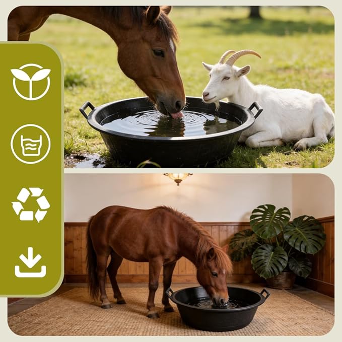 4Pcs Large Rubber Feeder Pan, 8.6 Gallon Horse Feed Bucket Water Bowl, Heavy Duty Horses Feed Bucket Dog Bowl Horse Feeder Pan for Cats Dogs Goats Chicken Dust Bath Container Farm Animal Feeding