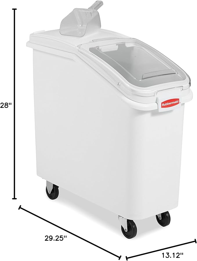 Rubbermaid Commercial Products ProSave Shelf-Storage Ingredient Bin With Scoop 400-Cup Capacity Plastic White Sliding Lid Container with Wheels for Kitchen/Restaurant/Food Organization