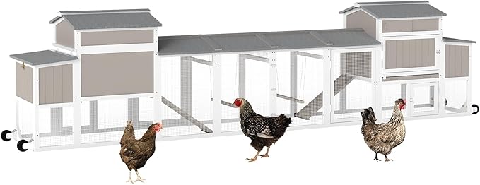 Chicken Coop Mobile Wooden Hen House with Nesting Box,166.4" L Outdoor Chicken House with 4 Wheels and Removable Tray,Fir Wood Chicken Tractor with 12 Ventilation Doors and 2 Ramps,Grey