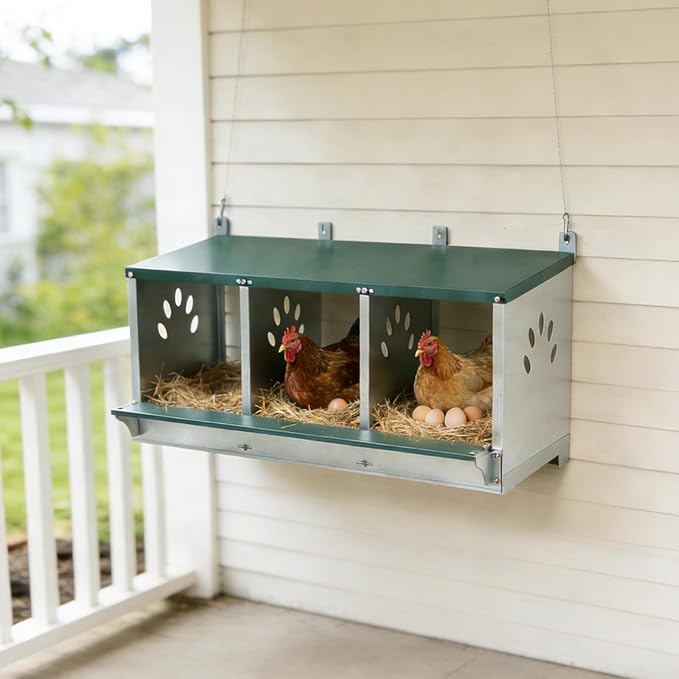 3 Compartment Metal Chicken Nesting Box, Roll Out Hen Laying Box for Easy Egg Collection, Wall Mount Poultry Nest Box for Backyard Chickens, Green, 32.09" L x 16.34" W x 15.35" H