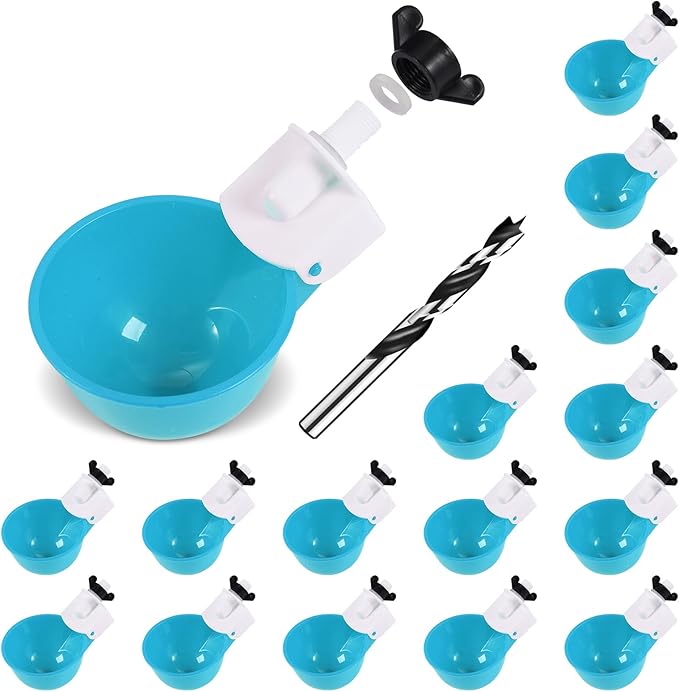 Chicken Waterer Cups (16 Pack/Light Blue) - DIY Automatic Large Chicken Water Feeder for Ducks Quail and Various Poultry Dispenser with Matching Drill, Double Rubber Ring, Not Leaking Wate