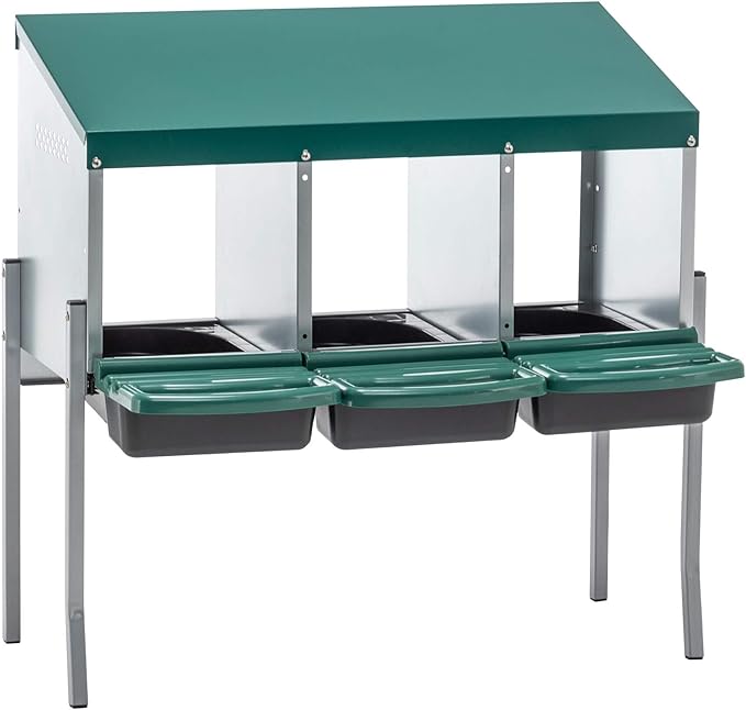 Chicken Nesting Box, 3 Compartment Roll Out Hens Nest Boxes with 4 Legs, Chicken Laying Box w/Lid Cover for Outdoor Chicken Coop Cages Farm Yard, Green (3 Holes w/Legs)