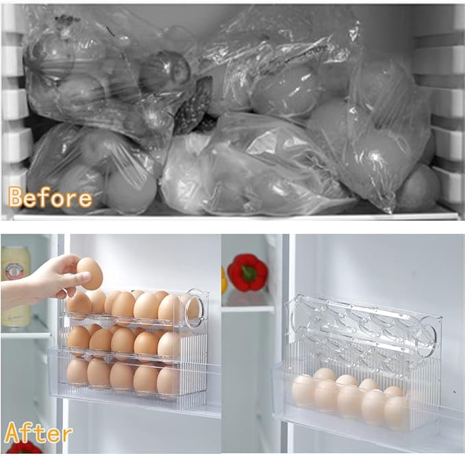 Flippable Egg Holder for 30 Eggs,Egg Storage for Refrigerator,3-Tiers Clear Acrylic Egg Container,Large Container for Kitchen Countertop, Egg Dispenser, Egg Tray, Clear