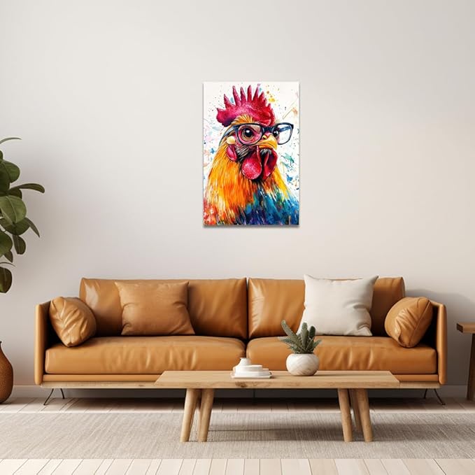 ZQQART Rooster Canvas Wall Art Funny Chicken Portrait Picture Prints Rustic Animal Painting Artwork Farmhouse Kitchen Decor Framed(White,24.00" x 36.00")