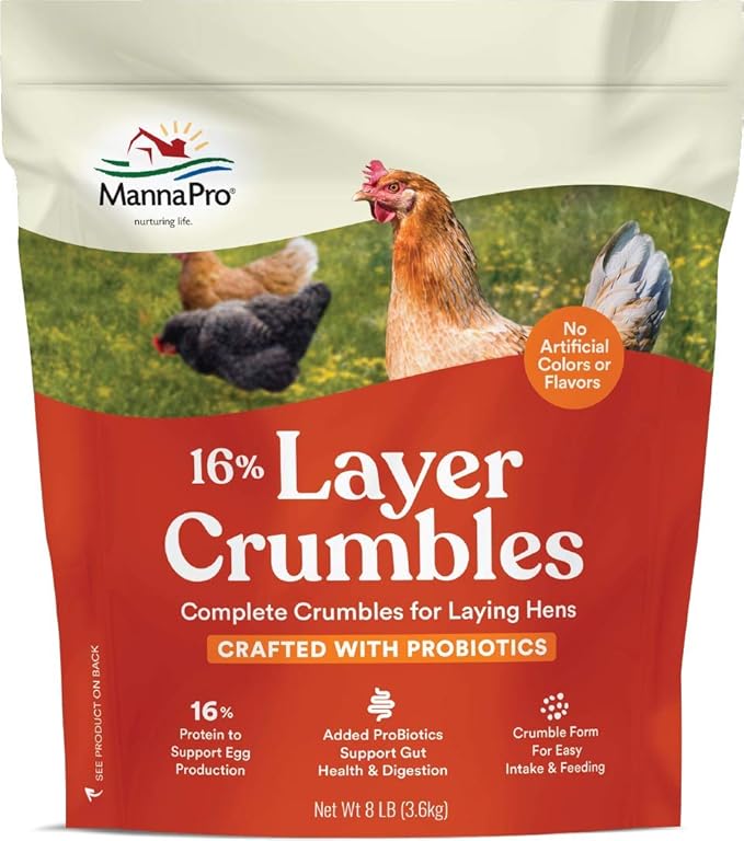 Manna Pro 16% Chicken Feed with Probiotics | Layer Crumbles and Pellets | 8 Pounds Each