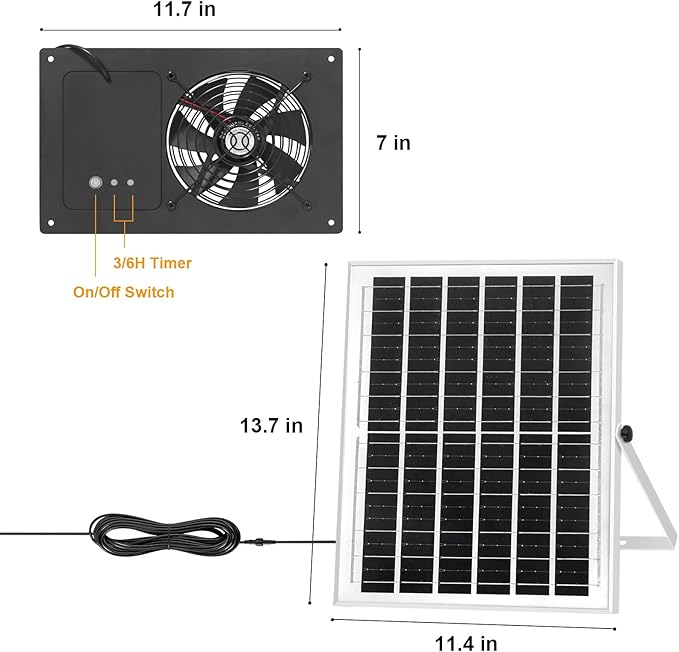 Solar Powered Fan with Battery Run Day/Night, 15W Solar Fan for Chicken Coop with 16.4Ft Cable,3/6H Timer, Waterproof Greenhouse Fans for Shed, Chicken Coop,Ventilation