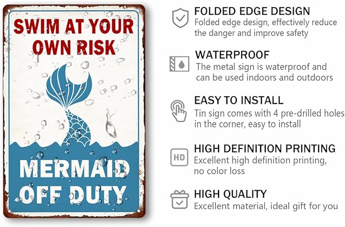 Swim at Your Own Risk Mermaid off Duty Vintage Swimming Pool Tin Sign Pool Rules Sign Pool Wall Decor Outdoor Swimming Pool Decorations 8x12 Inch