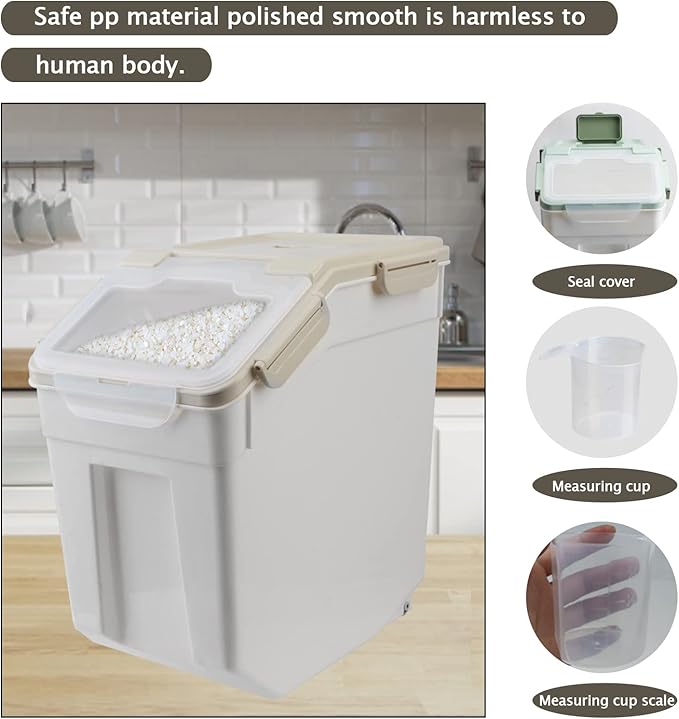 Large Flour Storage Container Bin 50lb, 2Pack Airtight Rice Storage Containers with Wheels Seal Locking Lid, BPA Free with Measuring Cup&Scoop for Flour, Rice, Grain(Gray)