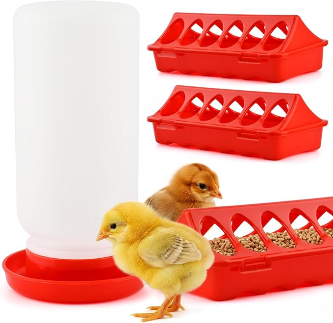 Chick Feeder and Waterer Kit, 3×12-Hole Anti-Spill Trough Feeders & 1 Automatic Waterer, Baby Chick Starter Kit for Chicks Ducklings Quail & Small Poultry(Red,Size:/)