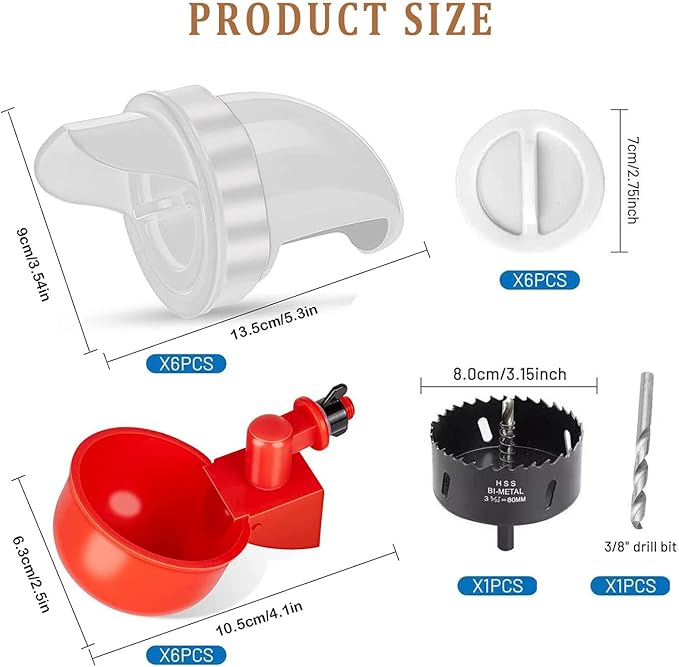 Chicken Feeder Waterproof and Chicken Waterer Cup, 6pcs No Waste Chicken Feeder for Buckets,Barrels,Bins, and 6pcs Chicken Water Cups for Chickens, Birds, Turkeys etc