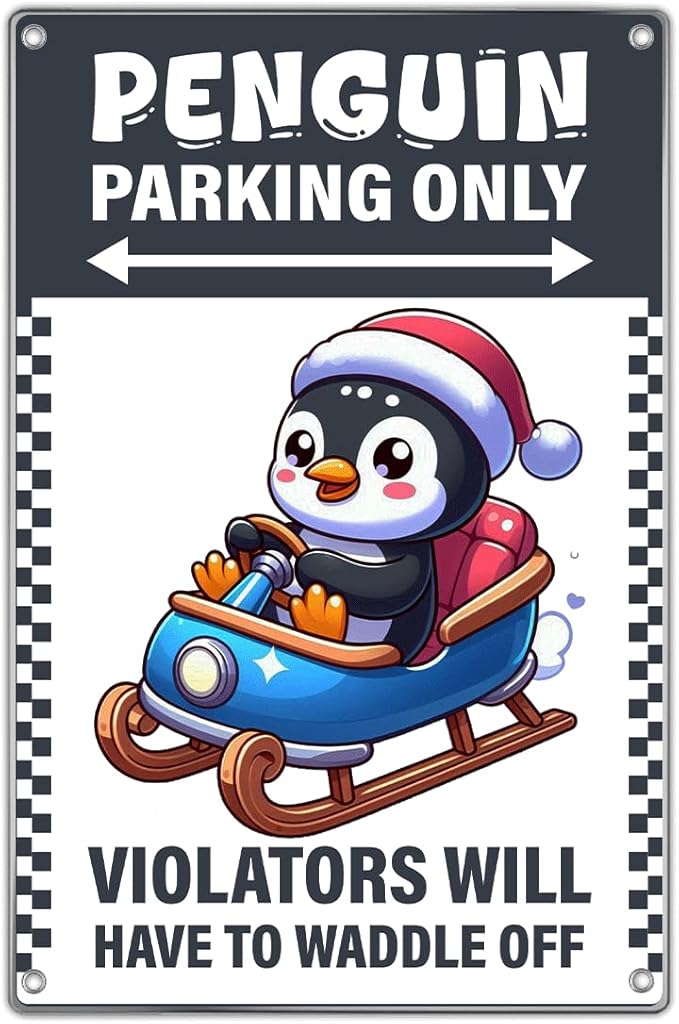 Penguin Parking Only Sign Metal 8 x 12 Inch Christmas Decor With Santa Hat Sled Design For Lovers Kids Room Winter Decoration Vintage Art Wall Home