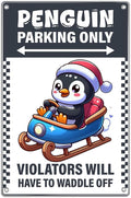 Penguin Parking Only Sign Metal 8 x 12 Inch Christmas Decor With Santa Hat Sled Design For Lovers Kids Room Winter Decoration Vintage Art Wall Home