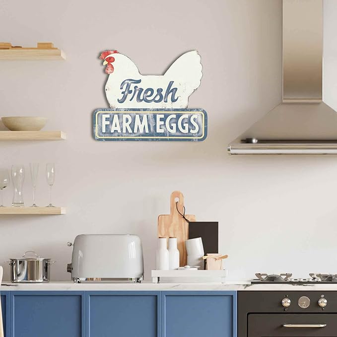 Fresh Farm Eggs Metal Sign - Vintage Farmhouse Kitchen Sign With Hen and Distressed Finish