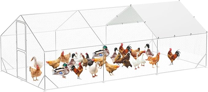 Large Metal Chicken Coop, Walk-In Poultry Cage, Chicken Run Pen House With Reinforcement & Waterproof & Anti-Ultraviolet Cover Chicken Coop Run With Double Lockable Doors for Outdoor 9.8 x 19.7X 6.6ft