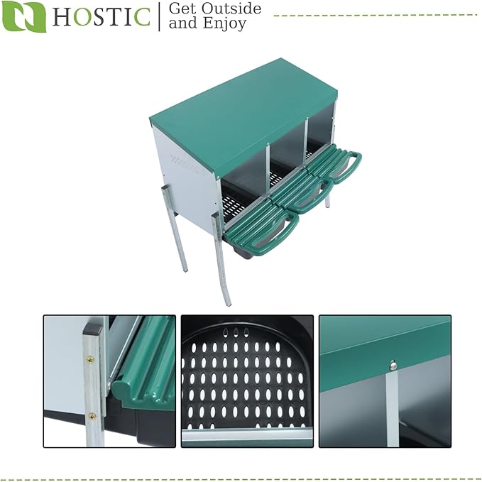 Green Chicken Nesting Boxes with Metal Legs 3 Holes Nesting Boxes for Chickens Roll Out Tray