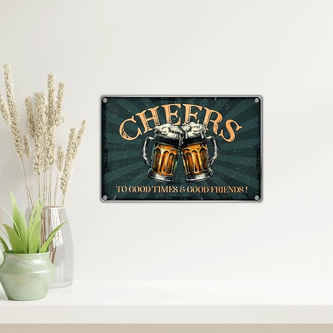 Vintage Bar Decor Pub Cheers Metal Sign 12 x 8 Inch Wall Decoration For Man Cave Home Beer Lovers To Good Times And Friends Plaque Art Aluminum Outdoor Kitchen Indoor