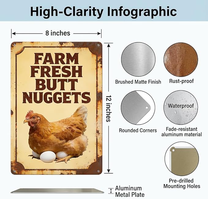 Funny Chicken Metal Sign Outdoor, Aluminum Farmhouse Wall Decor for Coop Door or Yard Area, Fluffy Humor Country Living Style, Rustic 8x12 Inch Gift