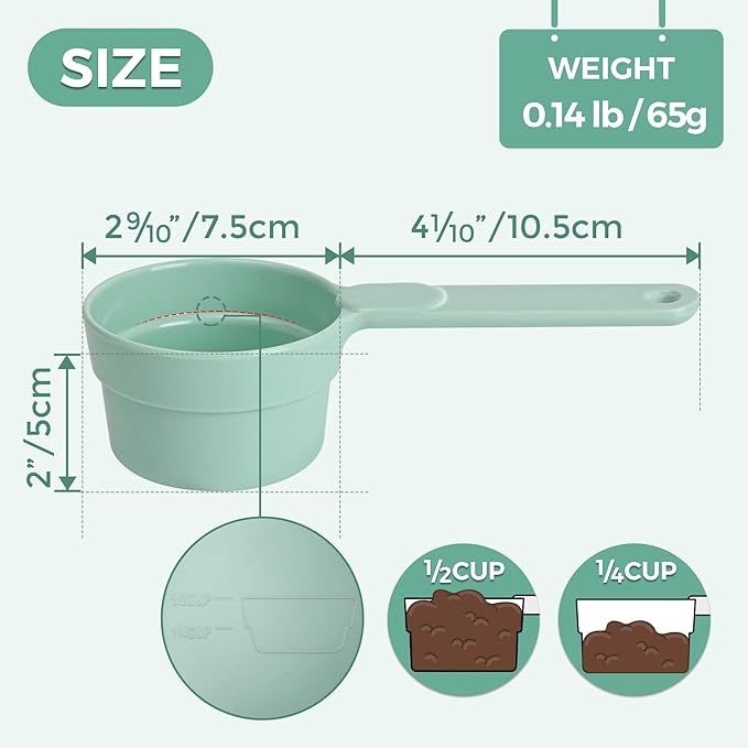 Measuring Dog Food Scoop - 1/2 Cup Scoop Measuring Cup for Dog Cat Ferret Rabbit Bird Food, Melamine Half Cup with Handle, Food-Grade 1/4 Pet Feed Scoop, Dishwasher Safe, Green