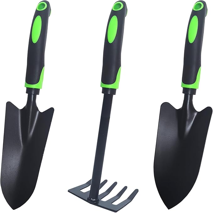 Garden Tools Set, 3 Pack Heavy Duty Gardening Kit Including Garden Shovel, Transplant Trowel and Hand Rake, Ideal for Digging, Weeding and Planting