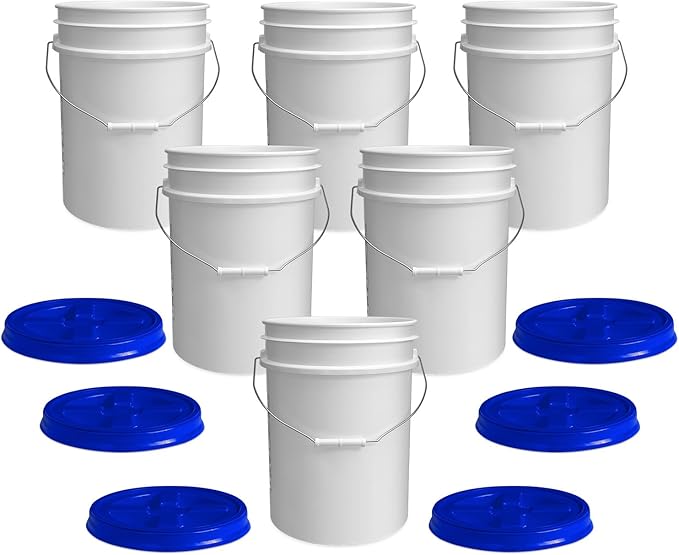 ePackageSupply 5 Gallon White Bucket with Blue Gamma Seal Screw on Airtight Lid | Made in USA | Food Grade | Heavy-Duty HPDE Plastic | Durable 90 Mil Pail | Easy Stack and Store | BPA Free (6 Count)