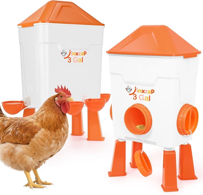 3 Gallon Chicken Feeder and Waterer Set with Legs, 2.75'' Water Cups & 3.5" Feed Ports, Automatic No-Waste Feeder, Large Chicken Water Feeder, Easy No-Tools Assembly